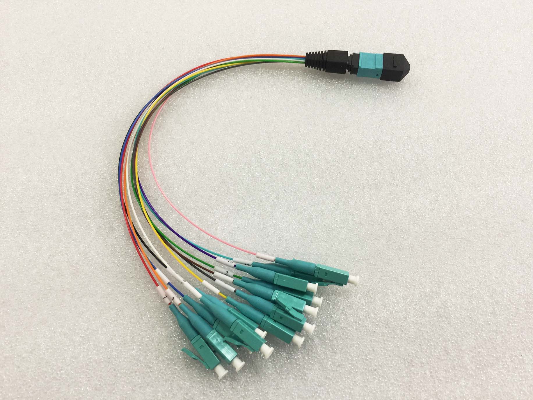 高质量MTP MPO电缆 | MPO-LC光纤跳线12根光纤G657A1 0.9毫米0.3米